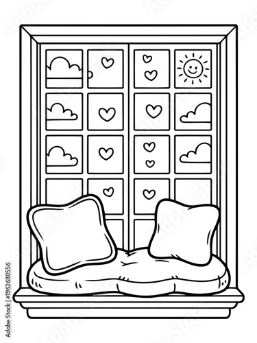 Window Seat Serenity: A cozy window seat offers a tranquil haven, framed by a charming window that invites you to gaze upon a whimsical world of floating clouds, cheerful suns, and tender hearts. 