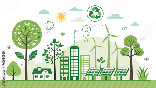 A green cityscape with eco-friendly renewable energy and sustainable living