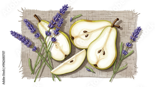 Fresh Pear Slices & Lavender Sprigs: Culinary Ingredient Stock Art