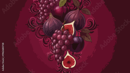 Rich Harvest Decorative Fruit Cluster - Grapes, Figs, Plums - Food Design Element