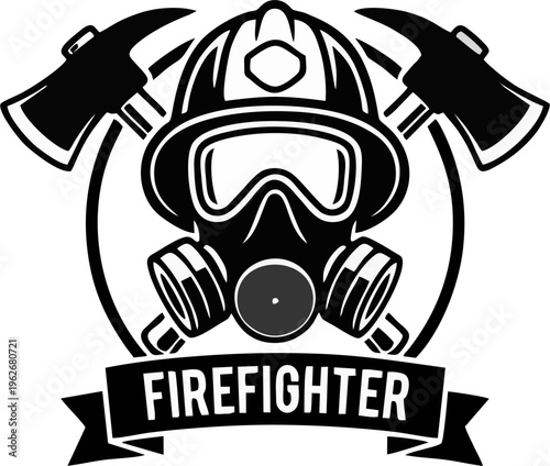 Firefighter Emblem Logo Badge - Black and White Gas Mask Helmet Crossed Axes Circle Banner Vector Illustration for Fire Department Insignia