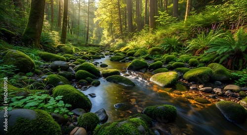 A serene forest stream flowing over mossy rocks with sunlight filtering through the trees, creating a peaceful natural scene.