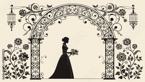 A beautiful woman in a long dress standing under a floral archway
