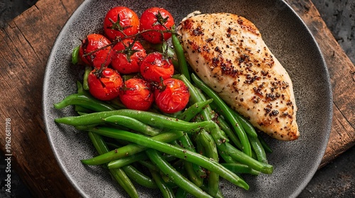 Chicken fillet meal with cherry tomatoes and green beans supports clean eating and a low-fat diet for good nutrition.