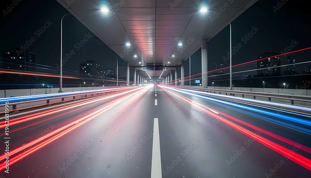 Fototapeta premium Empty road and highway at night with speed and motion, light trail and velocity creating dramatic expressway atmosphere