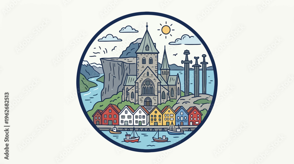 Fototapeta premium Vibrant Scandinavian Townscape in a Circular Frame