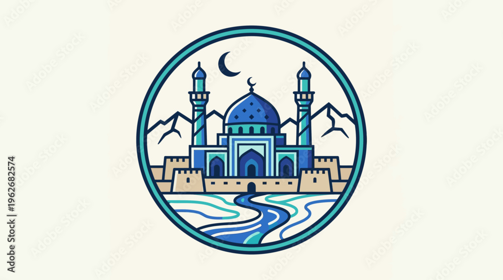Fototapeta premium Stylized Blue Mosque in a Circular Frame