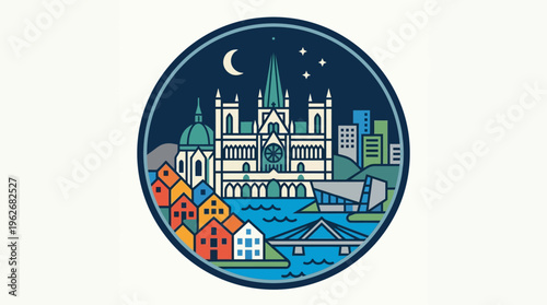Oslo Skyline in a Circular Badge Design