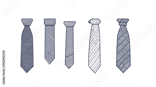 Hand-drawn collection of neckties in different styles on a white background. Formal wear