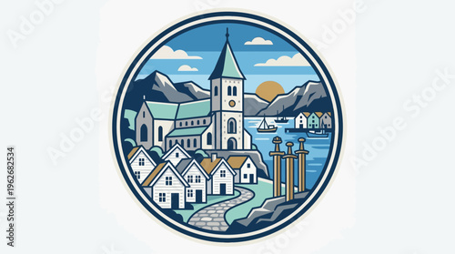 Scenic Church in a Coastal Village Circle Badge