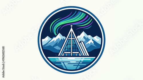 Arctic Cathedral With Northern Lights in Circle Logo