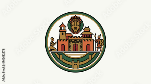 Stylized Emblem of a Castle People and Decorative Elements