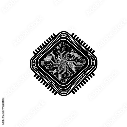Elegant vector graphic of a sophisticated computer chip, showcasing intricate internal circuitry as the foundational element of digital innovation and modern processing power