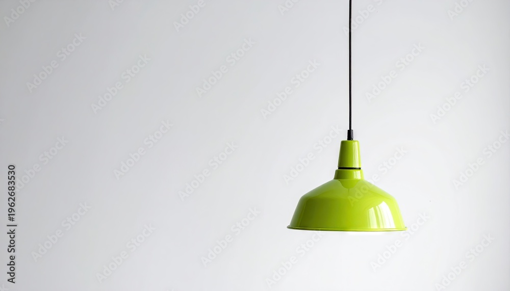Obraz premium A Bright Lime Green Pendant Lamp Hangs Suspended Against a Clean White Background Emphasizing its Industrial Design and Vivid Color