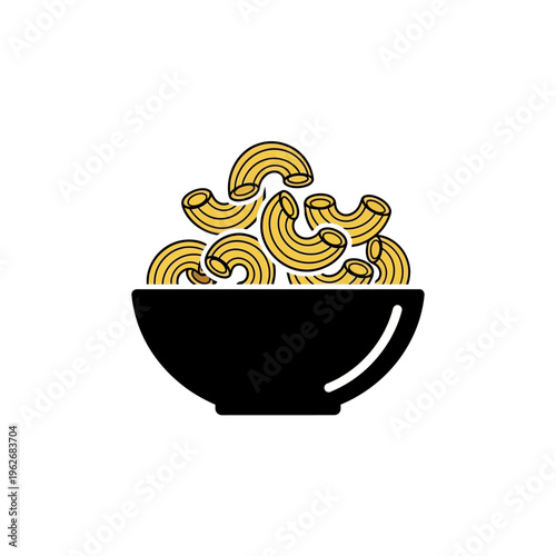 Classic elbow macaroni pasta served in a stylish black bowl, a staple food ingredient presented in a clean, modern flat icon design for culinary projects and menus