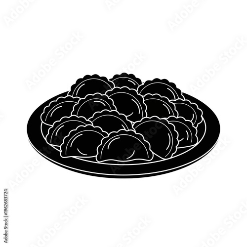 Plate of delicious dumplings or pierogi, a traditional savory food, presented in a black and white graphic illustration