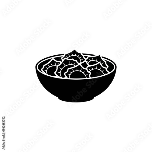 Stylized monochrome graphic vector symbol depicting a deep bowl filled with pasta shapes or dumplings, excellent for food menus, cooking apps, and restaurant branding