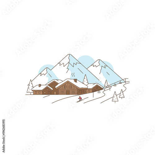 Charming Wooden Chalet Nestled in Snowy Mountain Landscape.