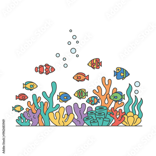 Colorful Cartoon Coral Reef with Various Fish Species.