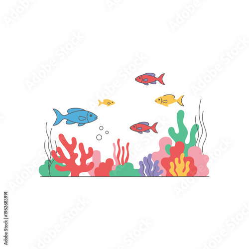 Colorful Coral Reef Scene With Tropical Fish Swimming.