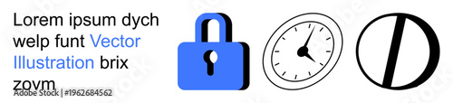 Cybersecurity, time tracking, access restriction, online protection, time management, rules enforcement. Blue lock, clock and prohibition sign on white background. Cybersecurity and time tracking