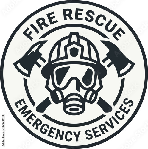 Fire Rescue Emergency Services Circle Badge Logo - Black and White Minimalist Firefighter Emblem with Gas Mask Helmet Crossed Axes Round Seal Vector Illustration