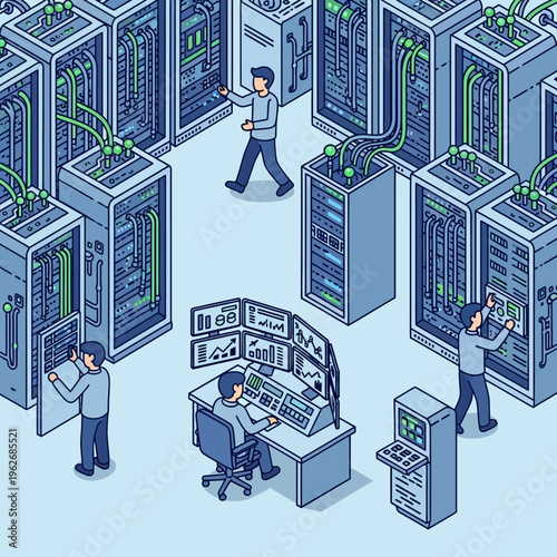 men working in data center with servers.