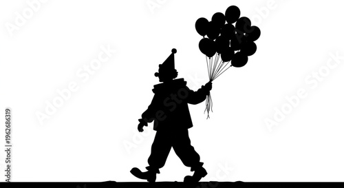 Clown holding bunch of balloons silhouette isolated on white background