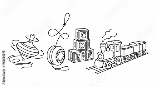 Line art illustration of classic children's toys including a spinning top, yo-yo, alphabet blocks, and a toy train on tracks.