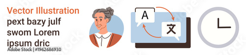 Language learning, communication, global connection, education, translation tools, time management. Dialog boxes with language symbols, person avatar clock icon. Language learning and communication