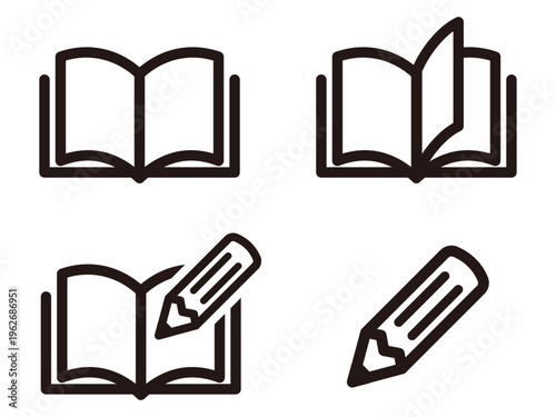 開いた本と書き込むペンのアイコン素材セット