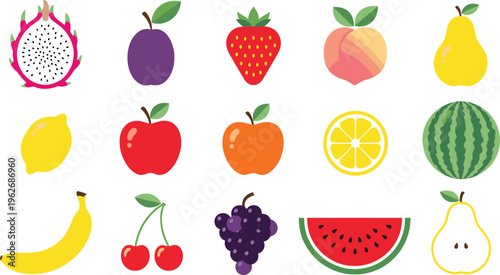 Colorful Fresh Fruit Icon Set Featuring Dragon Fruit Plum Strawberry Peach Pear Apple Orange Lemon Watermelon Banana Cherry and Grape Vector Illustration