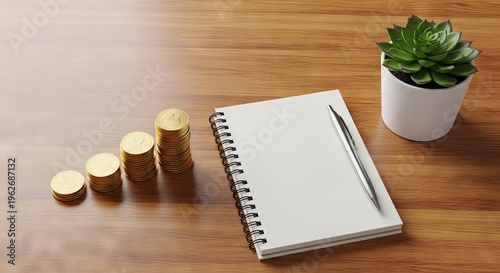 High angle view of a wooden table with stacked golden coins, a blank spiral notebook, a silver pen, and a small potted green succulent, retirement, data, economy