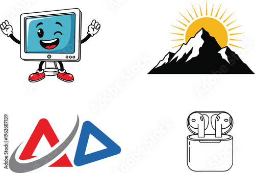 Creative Logo and Icon Vector Set Featuring Cartoon Computer Character, Mountain Sunrise, Abstract Letter A Symbol and Wireless Earbuds Case Design Collection