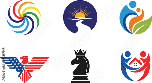Creative Logo Collection Featuring Abstract Swirl Sunrise Landscape Human Leaf Eagle Emblem Chess Knight and Family Home Symbols in Modern Vector Design Set