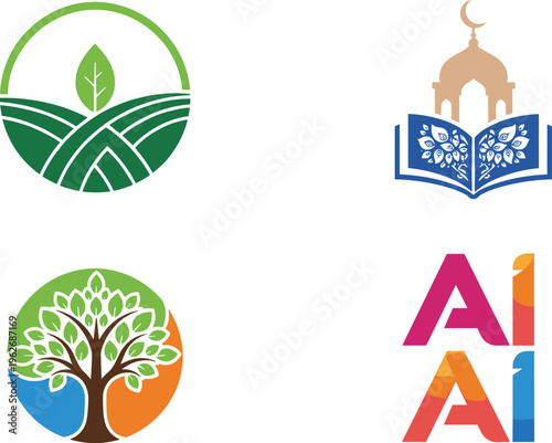 Creative Logo Vector Set Featuring Nature Agriculture Leaf, Islamic Mosque with Quran, Tree Ecology Symbol and Modern AI Typography Design Elements Collection