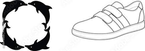 Creative Vector Collection Featuring Dolphin Circle Silhouette and Casual Sneaker Shoe Outline in Minimal Black Line Art Style