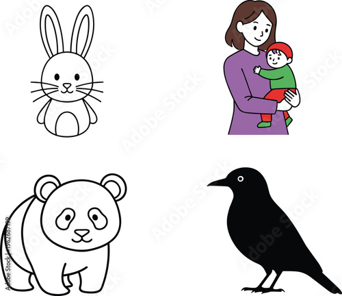 Cute Animal and Family Illustration Set Featuring Bunny Panda Crow and Mother with Child in Simple Flat Vector Style