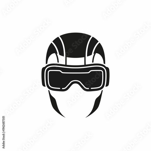Minimalist icon of a person in a futuristic helmet and goggles, symbolizing advanced virtual reality and immersive digital technology experiences