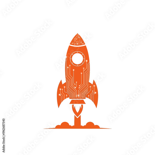 Futuristic Digital Rocket Launch Icon Representing Rapid Tech Innovation and Startup Growth. Modern Circuit Board Spaceship Symbolizing Progress, Speed, and Future Technology