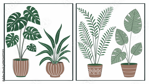 Minimalist Modern Botanical Wall Art Illustration Featuring Tropical Potted Indoor Plants