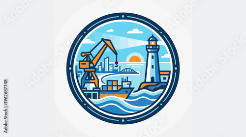 Coastal Harbor Scene With Lighthouse and Cargo Ship