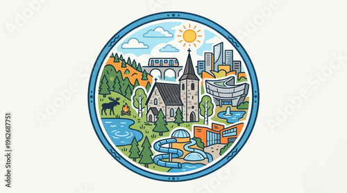 Scenic Landscape Emblem in a Circular Design