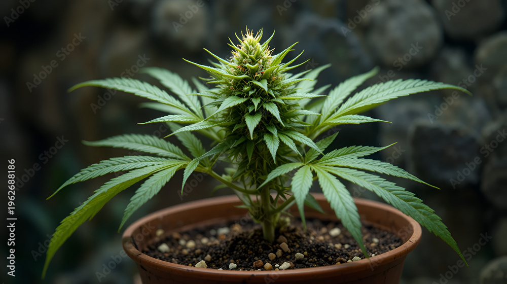 © Kyle - Flowerpot with female cannabis plant, Indica hybrid in vegetative phase