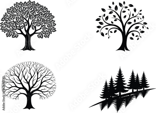 Decorative Tree Silhouette Collection Featuring Seasonal Branch Variations and Forest Landscape in Black Minimal Vector Illustration Set
