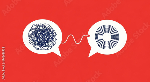 This image depicts a creative illustration of communication between two individuals, represented by speech bubbles. One bubble contains a messy, tangled web of lines, symbolizing unclear or confusin