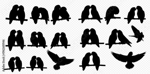 Set of black silhouettes of lovebirds on branches and in flight, symbolizing romance and affection.
