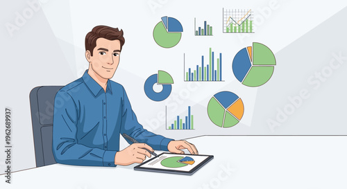 Cheerful professional man working on a tablet, analyzing various data charts and graphs in a bright studio.
