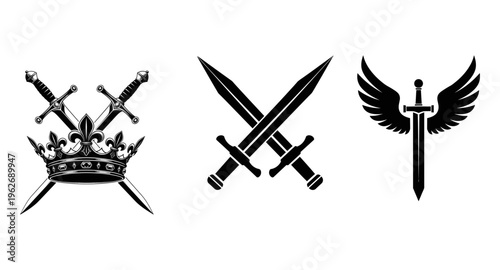 Swords and crown symbols in black silhouette on white background