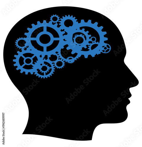 Brain with blue gears turning representing thinking and problem solving